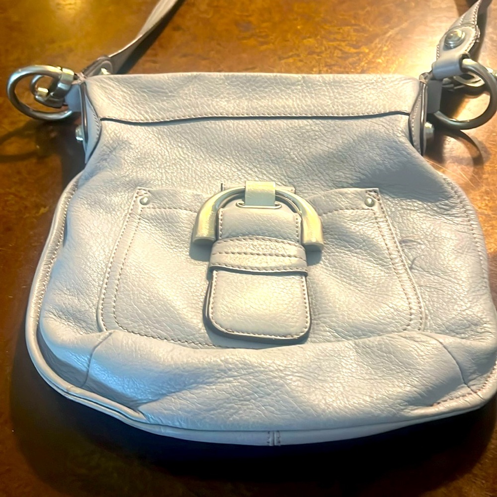 Gray leather crossbody.